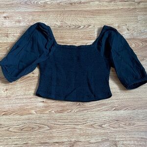 ABLE Black Smocked Square Neck Puff Sleeve Crop Top Ethical Sustainable S